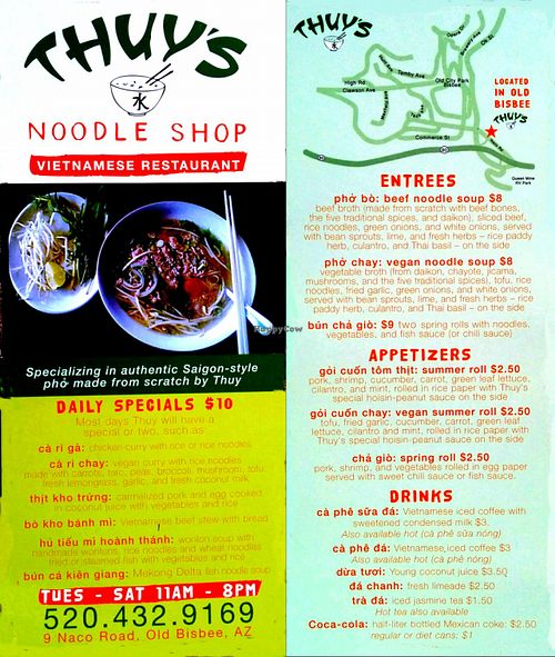 Menu at Thuy's Noodle Shop in Bisbee