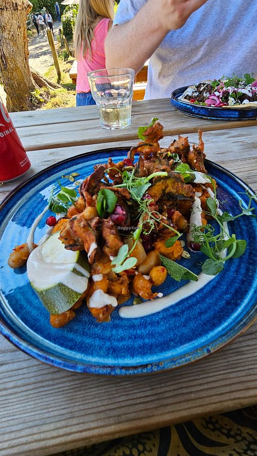 Samphire fritters, pickled courgette, tahini and pomegranate at Home Farm Café in Bovey Tracey