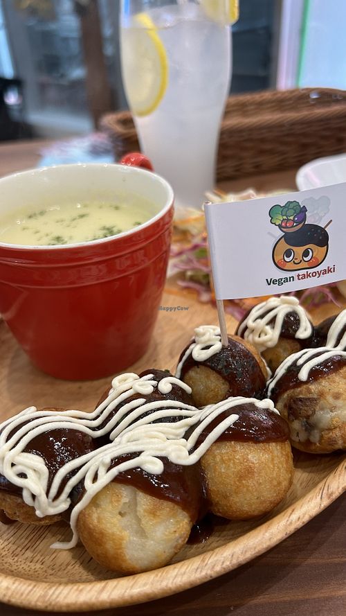 Takoyaki, soup and salad set  at Pivot BASE Cafe & Bar ＠Dotonbori in Osaka