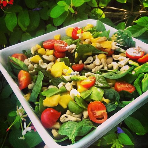 Mango, baby spinach, raw cashews, snow peas and tomatoes from our cafe garden at Goodness Gracious Organic and Gluten Free in Bli Bli