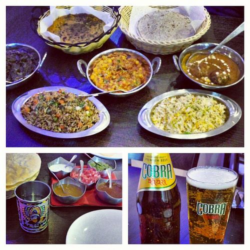 From left to right, back to frong: Methi Thepla, Fulka Rotli, Vegetable Harabhara, Dudhi Dal Nu Shaak, Malai Kofta, Vegetable Pilau Rice, Pilau Rice. at Sanskruti Restaurant in Manchester