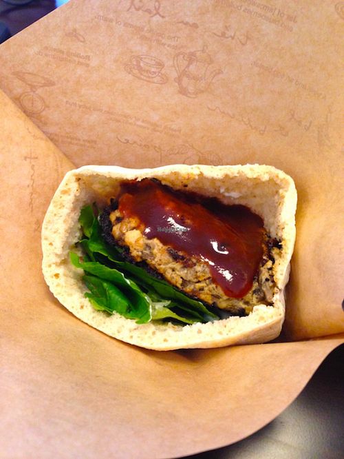 Close up of the burger with an excellent miso paste.  at Veggie Cafe in Kyoto