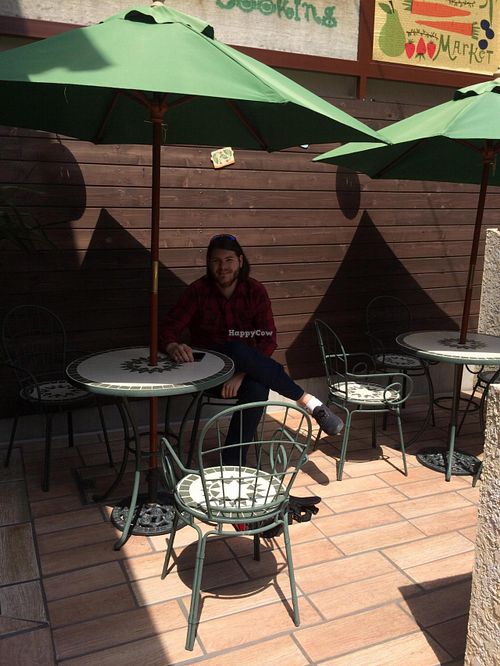 Outdoor seating at Veggie Cafe in Kyoto