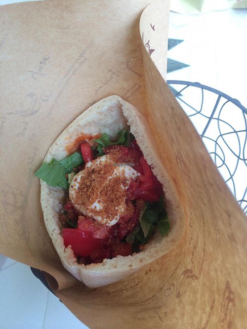 Vegan taco with soymeat filling in a pita at Veggie Cafe in Kyoto