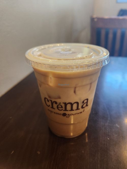 Seasonal pistachio latte with soy milk at Crema Espresso Gourmet in Dunwoody