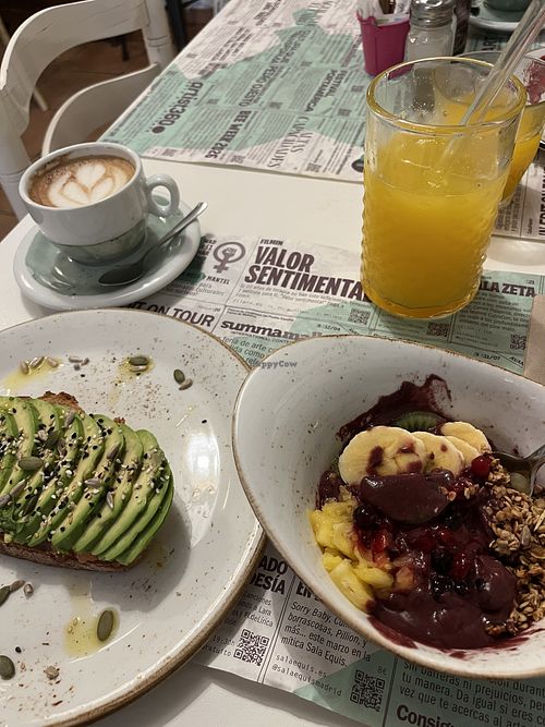  Madrid style avocado toast, acai bowl, oat milk cappuccino, mixed juice  at Brunch Club  in Madrid