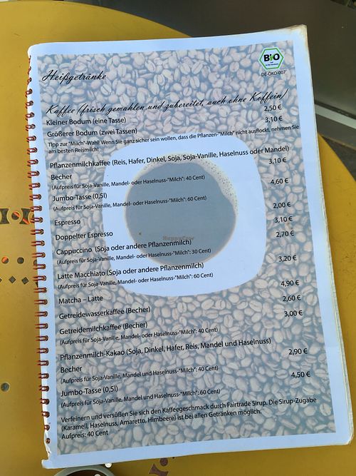 part of the drink menu at Cafe Gleichklang in Hannover