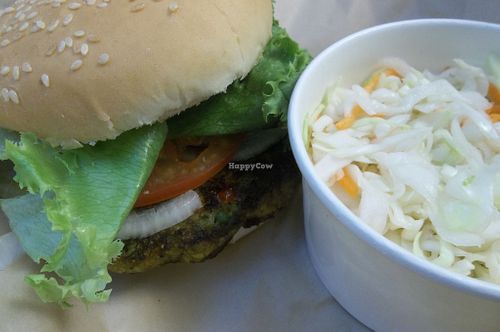 burger and slaw, yum! at Porthole Pub Bar & Grill in Ocean Shores