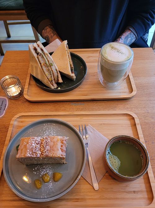 Savory Sandwich + Matcha Latte ; Yuzu Pound Cake + Matcha Tea at Midori in Bochum