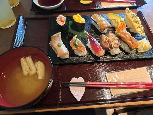 Basic sushi set including 10 types of sushi, miso sauce and ginger at Vegan Sushi Tokyo in Tokyo