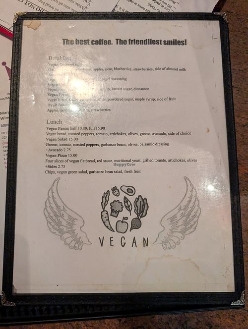 Separate vegan menu at Cake's Cafe in Santa Fe