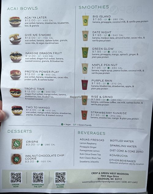 Back of menu   at Crisp & Green in Madison