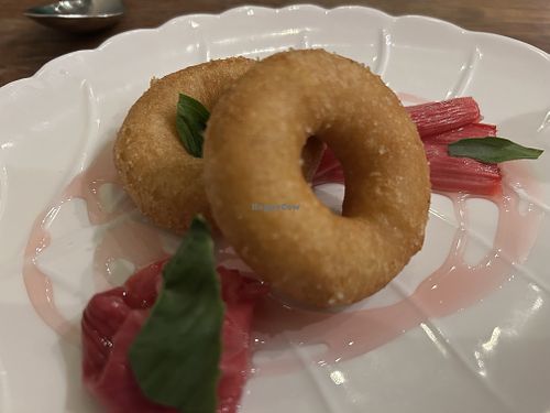 Warm Doughnuts with Rhubarb & basil  at Aioli Restaurant by Chris Finnigan in Birtley