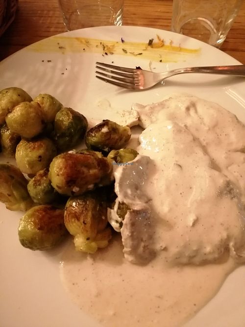 Seitan "scaloppine" with oven cooked brussels sprouts. at Samsara in Brugherio