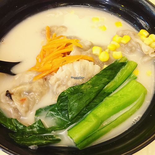 Veggie dumplings filled with mushroom, carrot, and tomatoes in soy bean and veggie soup at Jade Vegetarian - Jane Heart in Kowloon