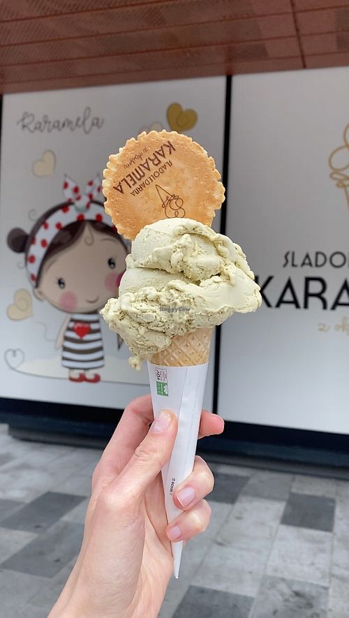 This vegan ice cream shop offers multiple flavors. This is vegan pistachio ice cream with stevia. at Sladoledarna Karamela  in Nova Gorica