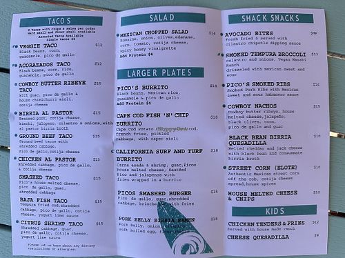 Menu- vegan with leaves  at Pico's Taco Shack in Brewster