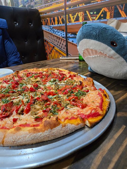 Vegan sausage, roasted red pepper, basil and vegan cheese pizza. at Brooklyn Heights in Sandwich