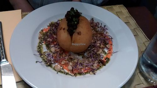 Hot potatoe with tapenade and pistou sauce at Le Potager du Marais - Saint Paul in Paris