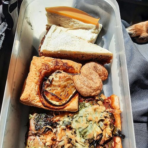 My take away: fluffy cheesecake, carrot cake, cinnamon cookie, pastry and salty pie with wild herbd. at Kahvila Helgas in Loviisa