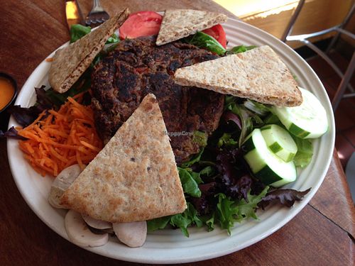 Veggie burger salad! at Cafe Con Leche in Newtown