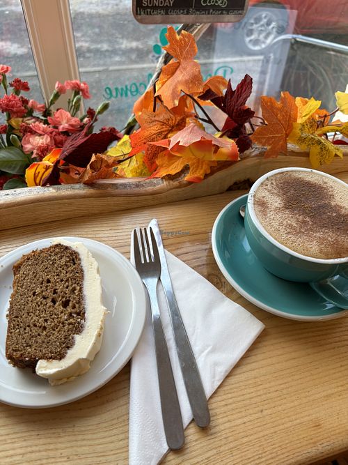 Ginger loaf and chai with oat milk  at Driftwood Cafe   in Lochinver