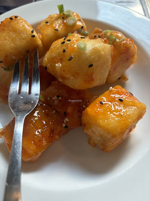 Chili sauce tofu. It was listed as vegan but not sure if the coating was a true tempura coating with eggs.   at Old Forge Brewing Company in Danville