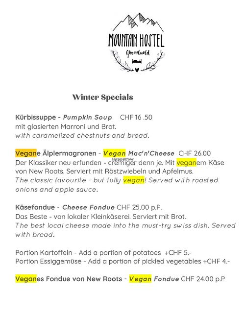 Vegane Älplermagronen - Vegan Mac'n'Cheese CHF 26.00

Veganes Fondue von New Roots - Vegan Fondue CHF 24.00 p.P at Mountain Hostel Gimmelwald in Gimmelwald