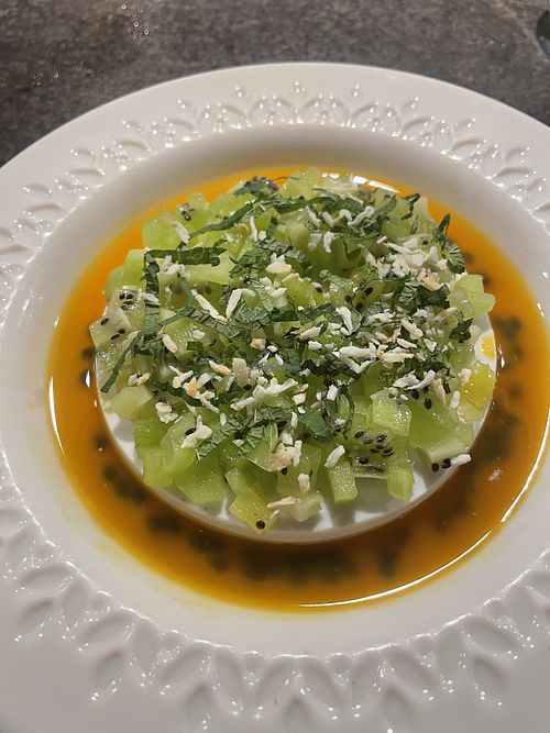 Kiwi, passionfruit and coconut panacotta  at Pompei in Tartu