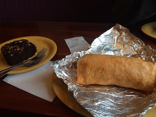 Falafel wrap and vegan chocolate cake at Big Fresh in Framingham