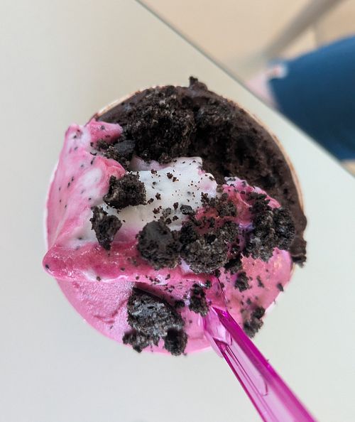Dark choc & dragon fruit flavours with Oreo crumble topping at Limon & Menta in Mojacar