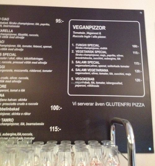 Vegan menu options at Dennisos Pizzeria in Stockholm