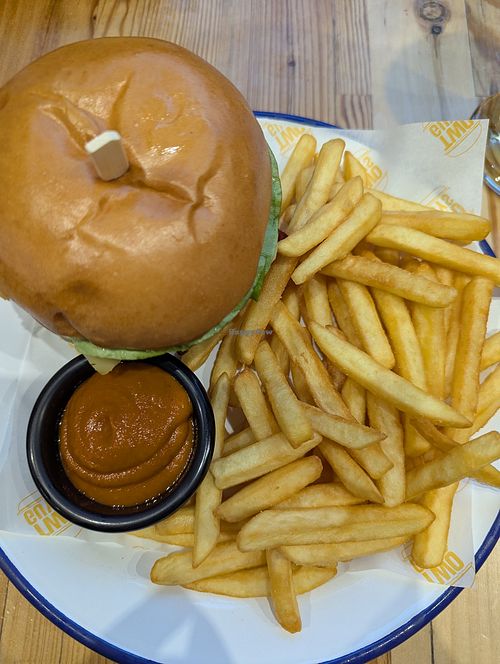 Bean Burger with a red pepper pesto flavour type ketchup at Passage in Brasov