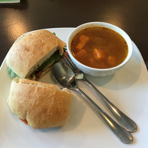 sandwich and cup of sweet potato and white bean soup  at Namaste North Yoga Studio Cafe in Anchorage