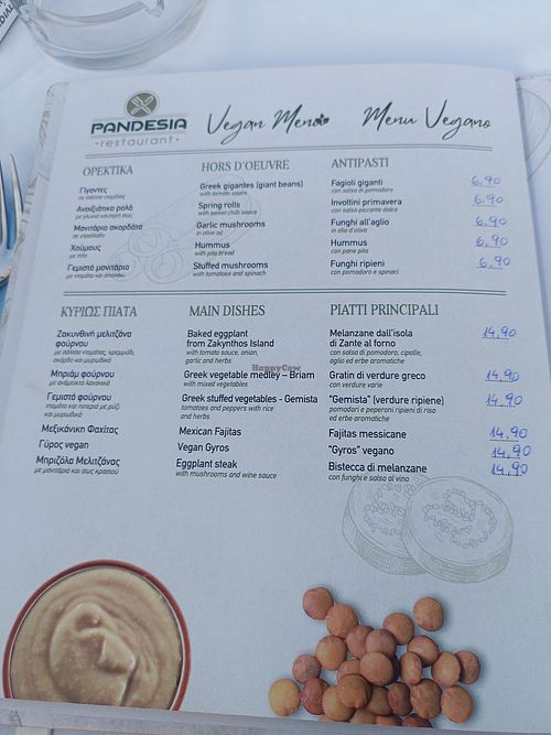 Vegan menu at Pandesia in Zakynthos