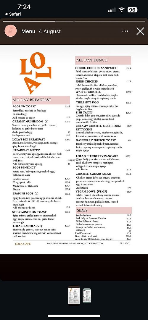 Menu September 2025 at Lola Cafe in Auckland