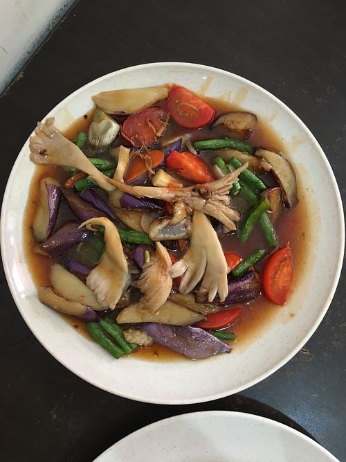 Mixed vegetables (eggplant, long bean, tomato, oyster mushrooms) at Vege Garden in Kota Kinabalu