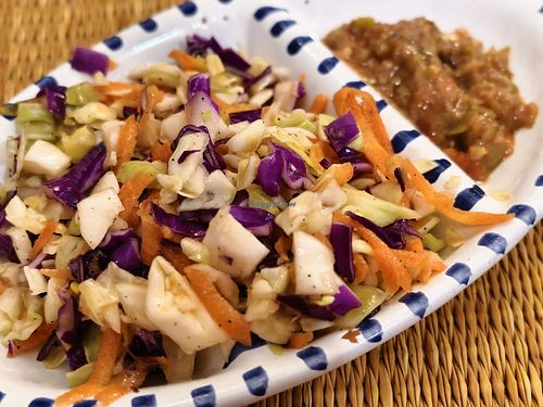 Side salad and VERY spicy sauce at Restaurant du Peuple in Sousse