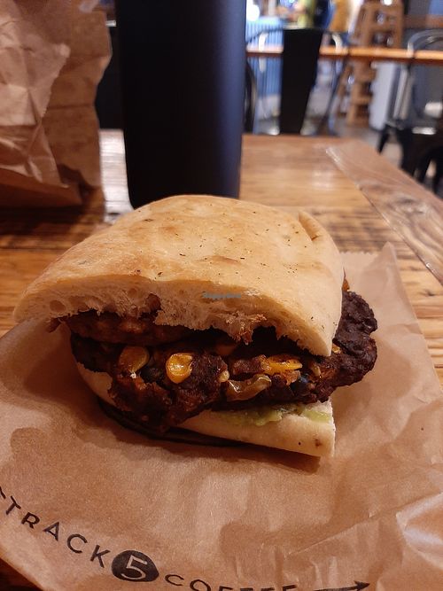 Black bean patty & guacamole sandwich + veggie sausage at Track 5 Coffee in Cranford