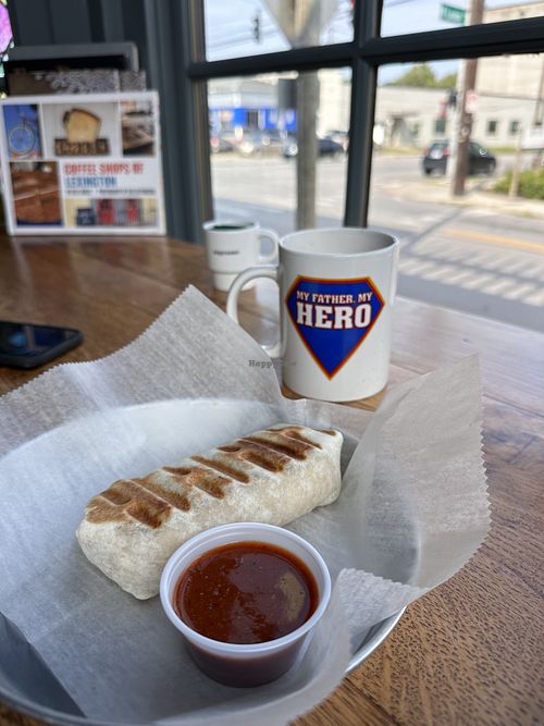 Vegan breakfast burrito with coffeee  at Moody Mike's Cafe in Lexington