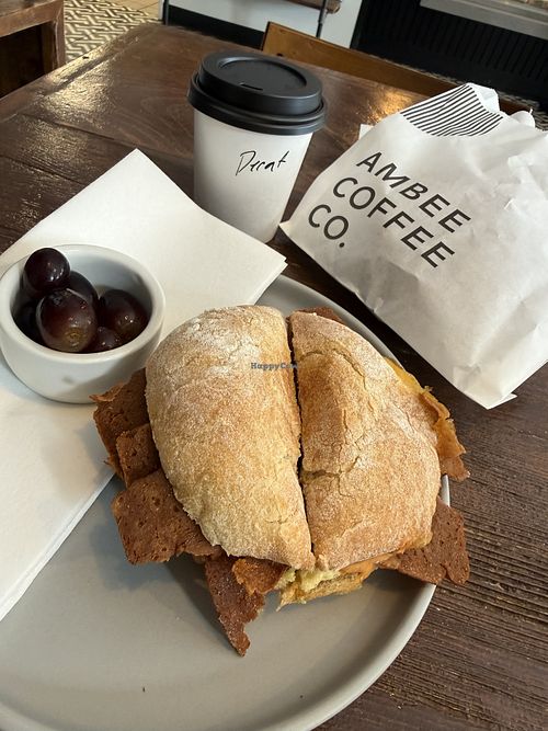 Vegan breakfast sandwich (and a peanut butter cookie  and apple fritter for later!)  at Ambee Coffee Co in Warren