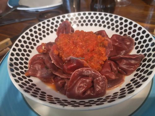 Vegan ravioli with tomato sauce at El Living in Puerto Natales