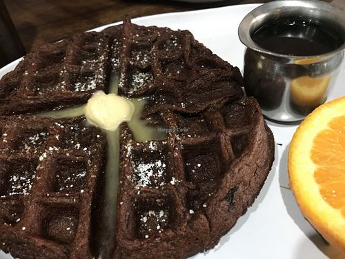 Vegan gluten free chocolate waffle at New Day Eatery in Port Angeles