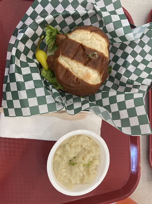 Spicy chicken sandwich and side of garlic mashed potatoess  at Othello's in Woodland Hills