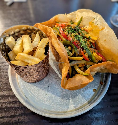 Chickpea curry with rice and chips at The Dock Boutique Hotel in Rosslare Harbour