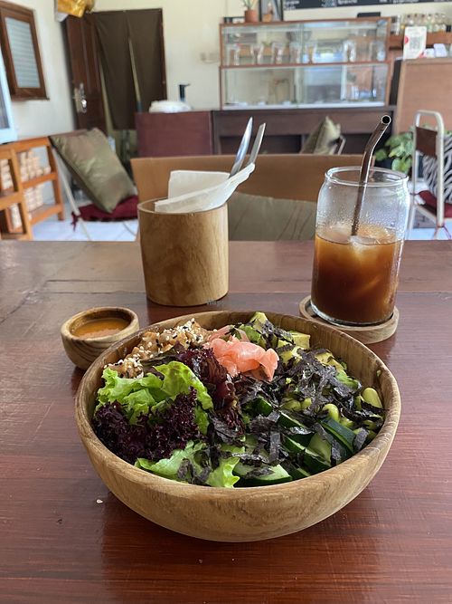 Sushi bowl and (half drunken) orange fizzy coffeee  at My First Cup in Gianyar