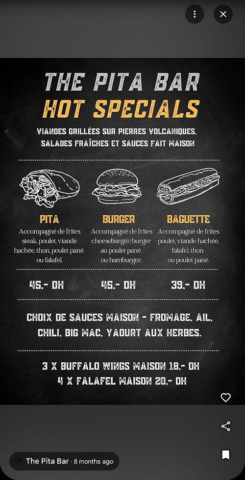 Menu- pita w / falafel is the vegan/veggie option specify sauces as per req. at The Pita Bar in Agadir