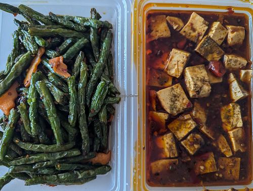 Garlic green beans and mapo tofu at Hong Kong Restaurant in Invercargill
