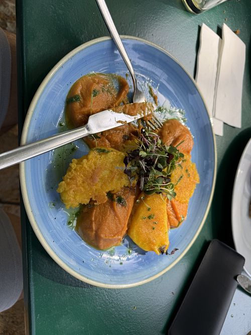 Tempura Kohlrabi with sweet potato purée   at Restaurant Zur Historischen Mühle in Potsdam