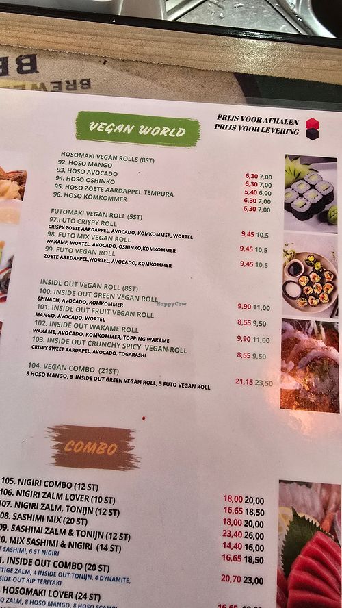 Vegan section on menu at Everest Sushi in Tielt